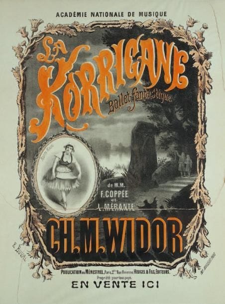 Charles-Marie WIDOR
La Korrigane. Ballet fantastique de M.M. F. Coppée et L. Mérante. Ch. M. Widor. Académie Nationale de Musique. Publication du Ménestrel... Heugel & fils, éditeurs. Affiche par E Buval, signée en bas à gauche. Lithographie en couleurs. Imp. Moucelot, Paris. Ce ballet fut créé à l'Opéra de Paris le 1er décembre 1880. 80 x 58 cm (déchirure).