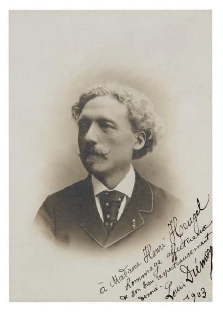 Louis DIÉMER
Photographie dédicacée ; tirage argentique 13,5 x 9,5 cm monté sur carte 19,5 x 14,5 cm à la marque du photographe Lacroix à Nice (encadré). Beau portrait en buste, avec dédicace autographe signée : « à Madame Henri Heugel hommage affectueux de sons bien respectueusement dévoué. Louis Diémer 1903 ».