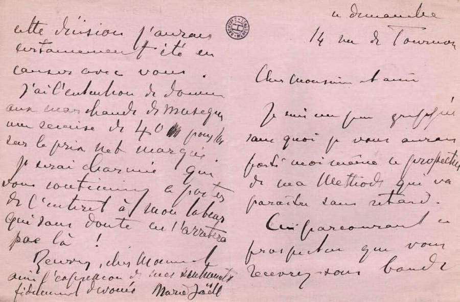 Marie JAËLL (1846-1925)
31 L.A.S., 1898 et s.d., la plupart à Henri ou Jacques Heugel ; 60 pages formats divers (qqs à son chiffre ou deuil), qqs adresses. Elle remercie pour la publicité donnée à sa « Méthode », et se dit satisfaite des résultats obtenus de ses élèves, même de ceux dont le tempérament était « anti musical »... Sa Musique et la psychophysiologie (1896) et son Mécanisme du toucher (1897) ont donné une base scientifique à l'enseignement du piano.... Elle propose d'éditer un recueil de mélodies tiré des Orientales de Victor Hugo : « c'est une oeuvre durable qui aura un grand retentissement »... Le temps n'est pas mûr pour des oeuvres comme L'Arbre de Noël : « toute l'oeuvre de Liszt me semble plus particulièrement imposante plus je constate l'écart qui existe entre cette musique quintessenciée et le public... et tous les pianistes, il faudrait ajouter - car il faudra faire parler le piano et non seulement sonner »... Épreuves, demandes d'envoi de publications et de comptes, reproche relatif à un tirage imprévu, etc. On joint 9 L.A.S. de son mari Alfred Jaëll (1832-1882, pianiste et compositeur autrichien) ; 26 pages. Trieste 3 janvier 1866, sur son « grand voyage artistique » avec la Patti, Vieuxtemps et le violoncelliste Piatti : l'Allemagne du Nord, Vienne... Bruxelles 23 janvier, sur son succès à Hanovre : nouveau concerto de Hiller à lui dédié... Lyon 20 mars, sur ses succès à Lyon et Marseille... Paris 1er avril 1873, demande de places au concert de Planté et Alard du Conservatoire... D'autres lettres de Paris et Genève à propos de concerts et de formations divers, ses succès en Suisse, etc.