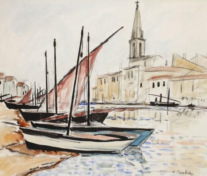 Francis PICABIA (1879-1953)
Le port Aquarelle et crayon. Signée en bas à droite. 0 x 73 cm A noter: un certificat du comité PICABIA sera remis à l'acquéreur. Cette oeuvre figurera au catalogue raisonné actuellement en préparation. Provenance: collection de Madame Jacqueline G.-L. Paris - Cannes. OEuvre acquise directement auprès de l'artiste par Jacques Brossard de Marcillac, père de l'actuelle propriétaire.
