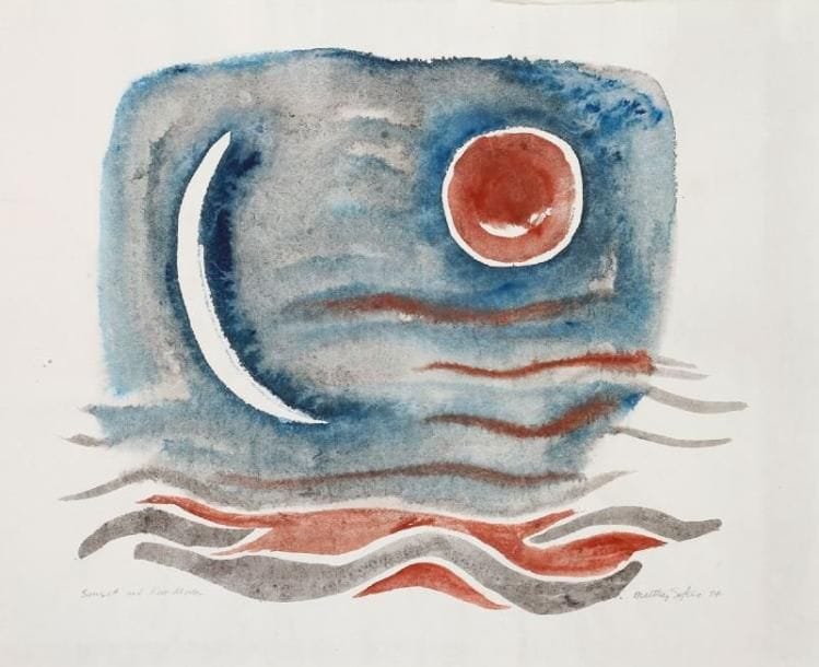 Maltby SYKES [américain] (1911-1992)
Sunset and New Moon, 1984 Aquarelle sur papier japon. Signée en bas à droite. 52 x 66 cm