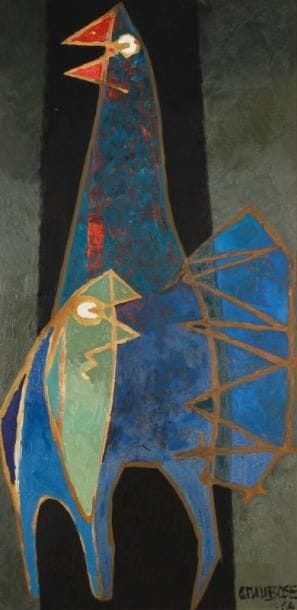 Arun BOSE [indien] (né en 1934)
Les coqs, 1964 Huile sur toile. Signée et datée en bas à droite. 100 x 50 cm