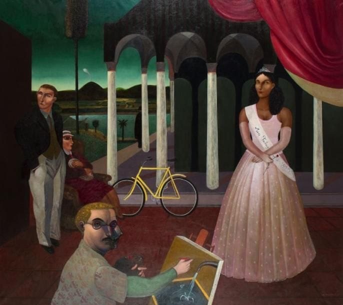 Gonzalo CIENFUEGOS [chilien] (né en 1949)
Miss Talagante, 1989 Huile sur toile. Signée et datée 89 en bas à droite. 160 x 180 cm