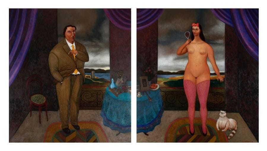 Gonzalo CIENFUEGOS [chilien] (né en 1949)
Couple, 1990 Deux huiles sur toile formant pendants. Signées et datées 90 en bas à droite. 110 x 100 cm chaque.