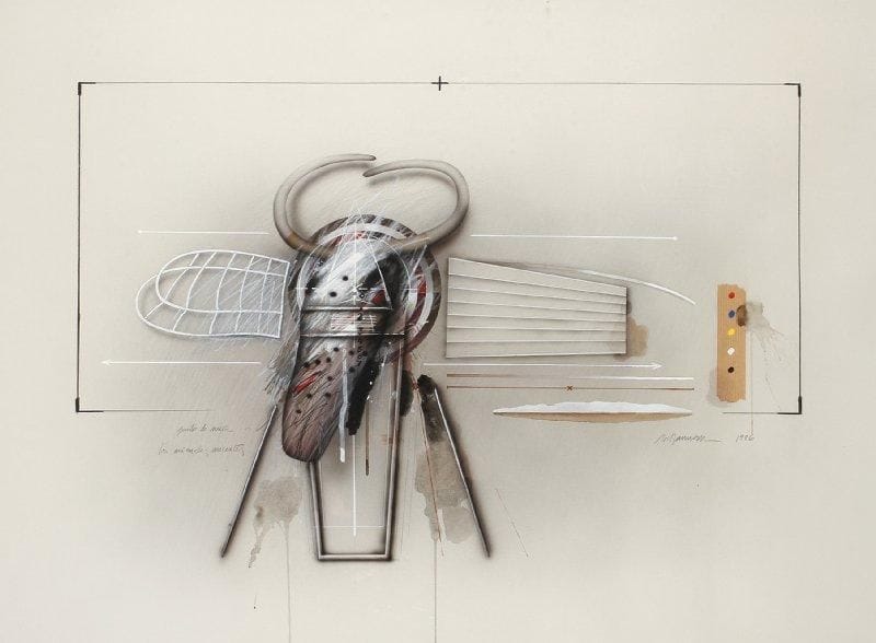 Léoncio VILLANUEVA [péruvien] (né en 1936)
Punto de mira, Los animales Ausentes, 1986 Technique mixte sur papier. Signée et datée en bas à droite, titrée en bas à gauche. 56 x 74 cm