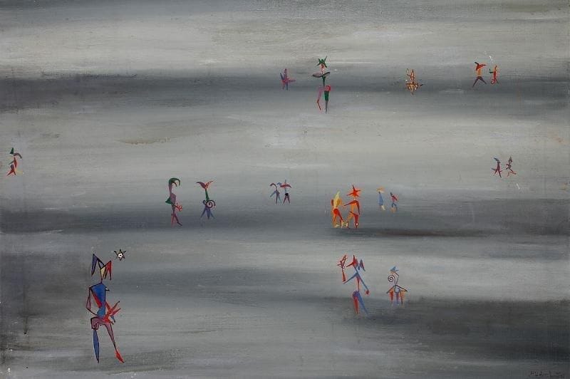 Michel CADORET (1912-1985)
Personnages, 1950 Huile sur toile. Signée et datée en bas à droite. Porte une étiquette au dos indiquant la période mexicaine. 51 x 81 cm