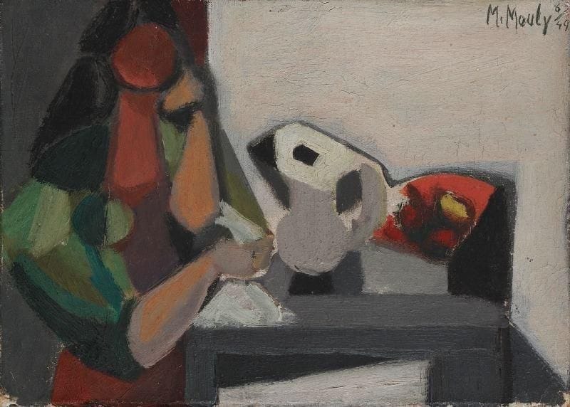 Marcel MOULY (1918-2008)
Femme attablée, 1949 Huile sur toile. Signée et datée 6/49 en haut à droite. Dédicacée au dos. 16 x 22 cm