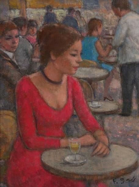 François GALL (1912-1987)
Marie-Lize en rouge, à la terrasse d'un café, Grands Boulevards, Paris, vers 1970 Huile sur toile. Signée en bas à droite. Signée et titrée au dos. 35 x 27 cm. Bibliographie: Figurera dans le catalogue raisonné de l'oeuvre de François Gall actuellement en préparation par le Comité François Gall. Nous remercions Marie-Lize Gall qui a aimablement confirmé l'authenticité de cette oeuvre sous l'égide du Comité François Gall. A sa demande, l'acquéreur pourra obtenir un certificat auprès du Comité François Gall.