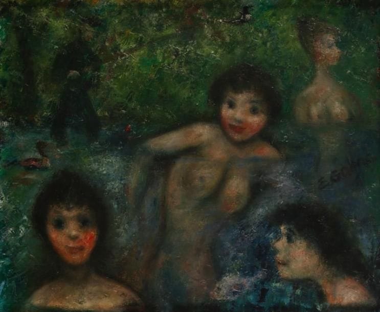 Edouard GOERG (1893-1969)
Le pêcheur et les nymphes, 1953 Huile sur toile. Signée en bas à droite et titrée, datée et signée au dos. 38 x 45,5 cm.