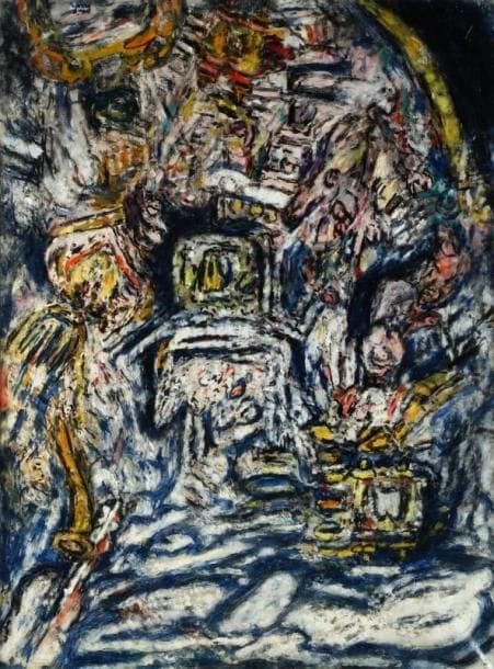 David AZUZ (né en 1942)
Scène biblique Huile sur toile. Signée en bas à droite. Signée et datée au dos 1969. 81 x 60 cm.