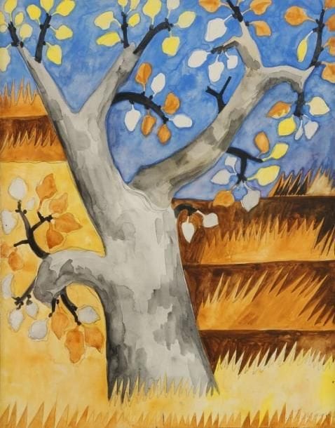 Nathalia GONTCHAROVA [russe] (1881-1962)
L'arbre au ciel bleu Aquarelle gouachée. Signée en bas à droite. 32 x 25 cm.