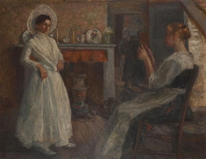 Alice Marjory GOW-STEWART [anglaise] (XXe siècle)
Un pli qui ne va pas, 1914 Huile sur toile. Signée gow-stevart vers le bas à droite. (accidents). 70 x 90 cm. Exposition: Vraisemblablement Salon de 1914, Paris, n° 928.