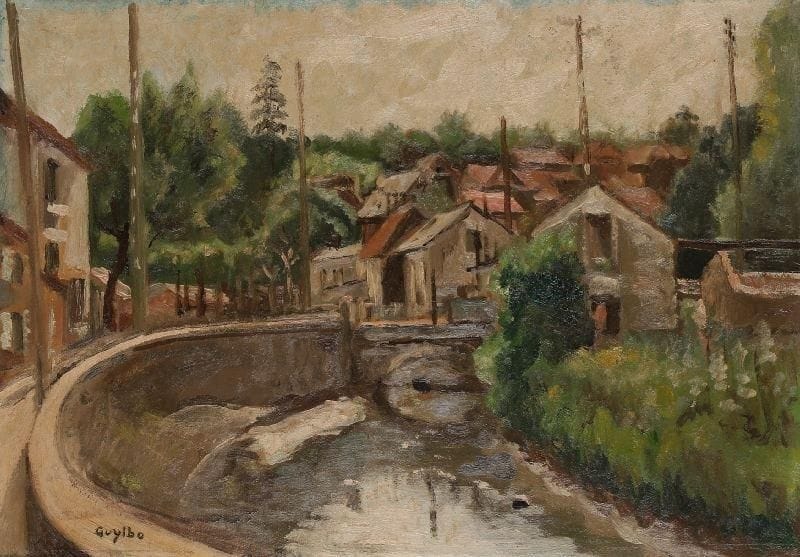 Guillaume Lebovits, dit GUYLBO (né en 1897)
Village Huile sur carton. Signée en bas à gauche. 33 x 46 cm.