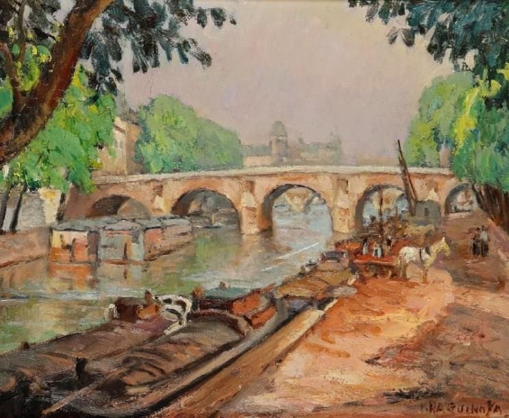 Iwao HAGUINOYA [japonais] (XXe siècle)
Quai de Seine à Paris Huile sur toile. Signée en bas à droite. 38 x 46 cm.