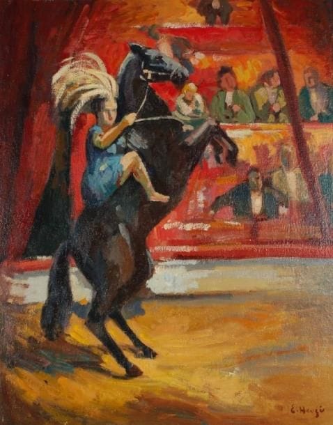 * Edmond HEUZE (1884-1967)
L'écuyère Huile sur panneau. Signée en bas à droite. 92 x 73 cm. Provenance: Vente Me Robert, 12 décembre 1969, n° 46 du catalogue. Expositions: - Le Cirque vu par les artistes, Fondation Septentrion, Marcqen- Baroeul, 1991/92. - Jours de cirque, Grimaldi Forum, Monaco, 2002. - Au Cirque - le peintre et le saltimbanque, Musée de la Chartreuse, Douai, 2004, page 51 du catalogue.