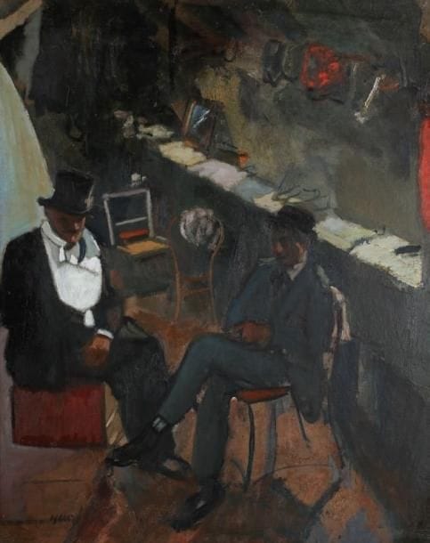 * Edmond HEUZE (1884-1967)
Le mime Farina et Gigi dans la loge du Cirque Médrano Huile sur carton contrecollé sur panneau. Signée en bas vers la gauche. (restaurations). 93,5 x 74,5 cm. Provenance: Hieke Sergeant, 26 septembre 1988. Expositions: - Heuzé, Château communal, Hauterives, 1989. - Utrillo et les peintres de Montmartre, exposition itinérante: Osaka, Kyoto et Tokyo, 1990, n° 56 du catalogue. - Jours de cirque, Grimaldi Forum, Monaco, 2002.