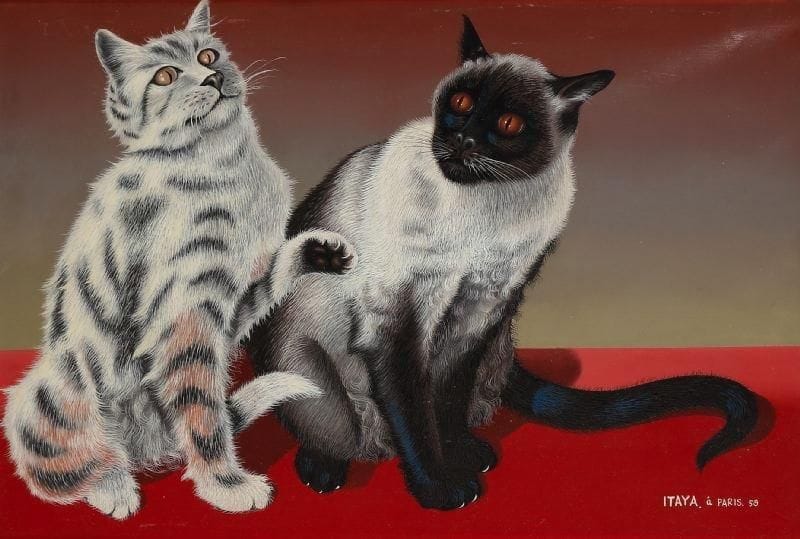 * Foussa ITAYA [japonais-français] (né en 1919)
Les deux chats, 1959 Huile sur toile. Signée, datée et située Paris en bas à droite. 38 x 55 cm.