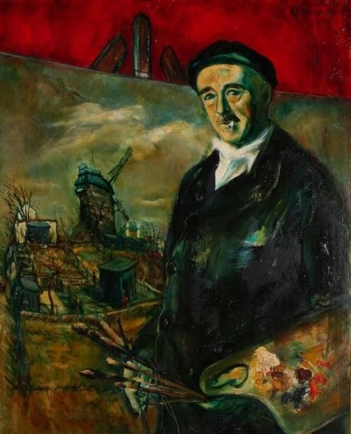 * Blanche JEANNIN (née en 1929)
Le peintre Quizet à sa palette, 1959 Huile sur toile. Signée et datée 59 en haut à droite. Signée et datée au dos. (accidents). 100 x 81 cm.