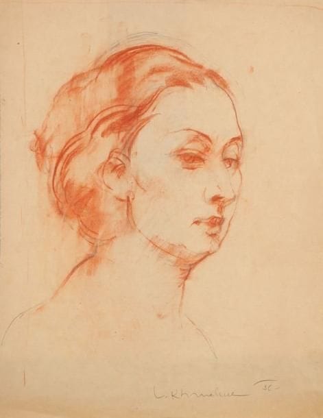 Vassyl KHMELUK (1903-1986)
Portrait de femme, 1936 Sanguine et mine de plomb. Signée et datée en bas à droite. 37 x 28 cm.