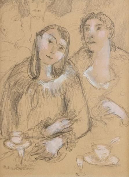 Mikhaïl dit Michel LARIONOV [russe-français] (1881-1964)
Au café Dessin au crayon noir rehaussé de gouache. Signé en bas à gauche. 26,5 x 20 cm.