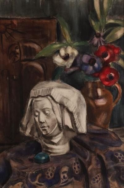 * Henri LE FAUCONNIER (1881-1946)
Nature morte à la tête médiévale et aux anémones Gouache sur papier marouflé sur toile. Signée des initiales vers le bas à gauche. 71 x 50 cm. Provenance: Vente Sotheby's, août 1983.