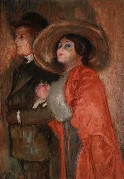 * Louis LEGRAND (1863-1951)
Monsieur et Madame en promenade, vers 1912 Huile sur carton. Signée en bas à gauche. (deux petits trous et quelques écaillures). 100 x 70,5 cm Expositions: - "Peintres Grands et Méconnus", 12e Salon des Arts, Hôtel de Ville de Givors, 1964/65, page 2 du catalogue. - "Women of Fashion", exposition itinérante, Daimaru Museum, Osaka , Daimaru Museum Tokyo et Kitakyushu Municipal Museum of Art, Kitakyushu, Japon, 1994, reproduit page 80 sous le n° 68 du catalogue.