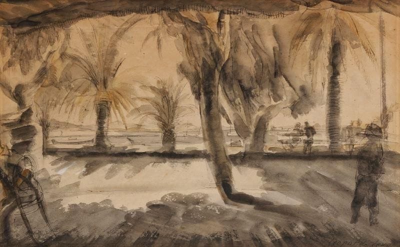 Léopold LEVY (1882-1966)
Palmiers en bord de mer (Cannes?) Encre et lavis d'encre et aquarelle. Signé en bas à droite. 28 x 44 cm.