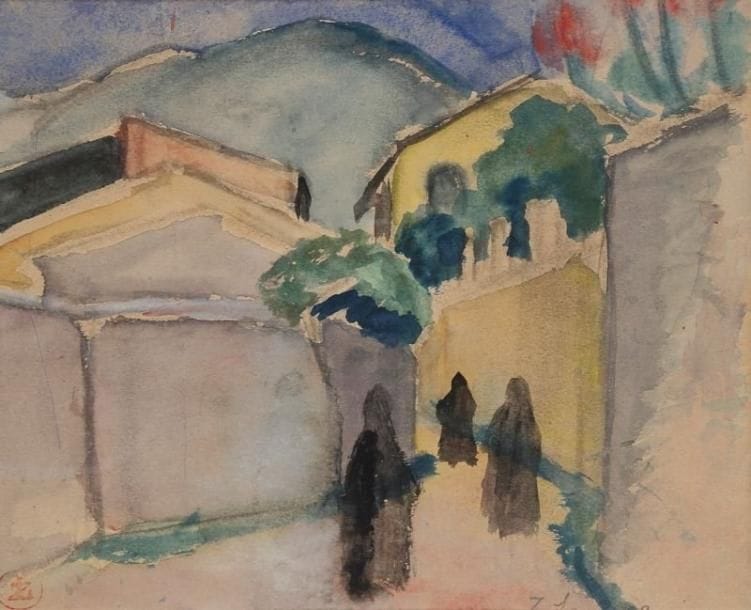 Sonia LEWITZKA (1874-1937)
Femmes dans la rue en Orient Aquarelle gouachée. Signée en bas à droite et porte le timbre de l'atelier en bas à gauche. 19,5 x 23,5 cm. Présenter un ensemble de trente-huit aquarelles de Sonia Lewitzka en vente publique est un événement rare. D'origine ukrainienne et ayant vécu depuis 1905 toute sa vie d'artiste à Paris, son nom et son art sont aujourd'hui relégués au purgatoire. Avec son compagnon le peintre Jean Marchand, elle fréquente l'élite des créateurs de son temps dont les noms font maintenant rêver tous les amateurs d'art: Brancusi, Archipenko, Dufy, Segonzac, Lhote, Metzinger, Gleizes, Le Fauconnier, Rouault... et sont, pour la plupart, ses amis. Exposant aux salons des Indépendants et d'Automne dès 1910, Sonia Lewitzka participe aux mouvements picturaux les plus novateurs (la Section d'or, rue de la Boétie en 1912). Dès 1913, Berthe Weill lui consacre sa première exposition particulière dont le catalogue est préfacé par Charles Malpel. C'est l'époque où elle se passionne pour la gravure sur bois et collabore aux illustrations de l'éphémère revue "Montjoie" avec Matisse, Maurice Denis, Villon, Luc-Albert Moreau... puis en 1915 à la revue "L'Elan" avec Amédée Ozenfant et son ami Lucien Mainssieux où elle illustre, entre autre, un poème d'Apollinaire ainsi que de nombreuses couvertures. Après la guerre, son art s'épanouit dans de vastes compositions décoratives et de nombreuses aquarelles sont lavées lors de ses différents voyages en France. Ses bois gravés ornent de leurs plus beaux atours les ouvrages de Roger Allard, Gogol, Alexandre Kouprine, Paul Valéry... et les galeries parisiennes Léon Marseille, Berthe Weill, Druet, Sambon... s'attachent à présenter son oeuvre sur leurs cimaises. Seule et sans grands moyens financiers, ses amis peintres et écrivains se cotisent pour l'enterrer dignement. Ils organisent en 1938 une exposition rétrospective à la galerie Sambon sous les auspices de Georges Huisman, directeur général des Beaux-Arts. Son art sincère ém