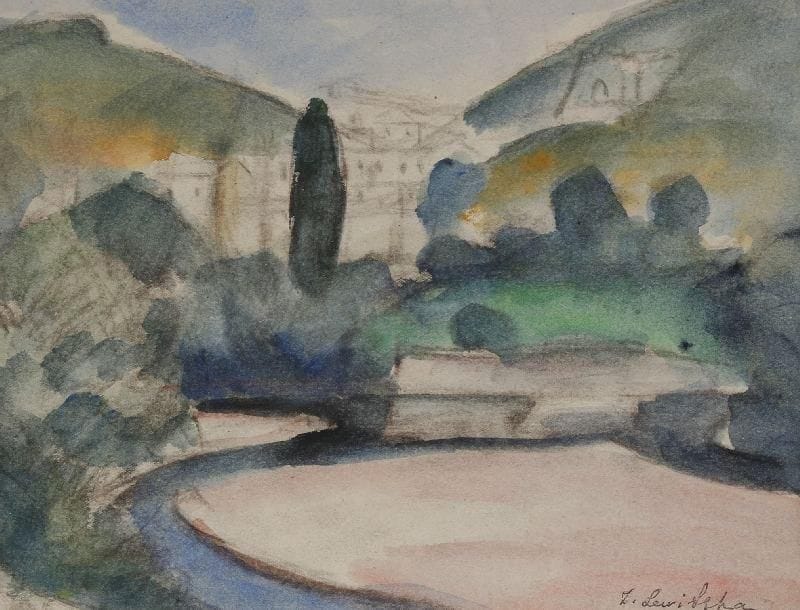 Sonia LEWITZKA (1874-1937)
Paysage au cyprès Aquarelle sur traits de crayon. Porte le timbre de la signature en bas à droite. 20 x 26 cm.