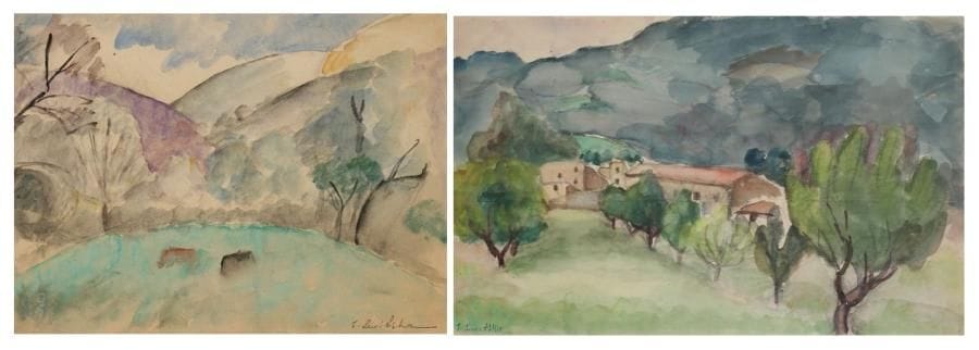 Sonia LEWITZKA (1874-1937)
Vache au pâturage - Montagne Deux aquarelles. Portent le timbre de la signature en bas, une à droite, l'autre à gauche, une porte le timbre de l'atelier en bas à droite. 22,5 x 30 et 23 x 31 cm.