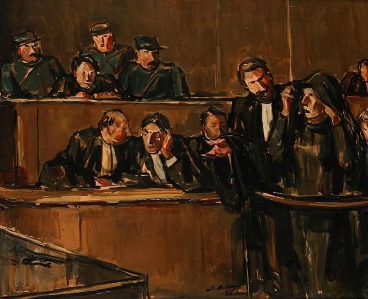 Pierre de BELAY (1890-1947)
Au tribunal, 1932 Huile sur carton. Signée et datée 32 en bas vers la droite. 33 x 40 cm.