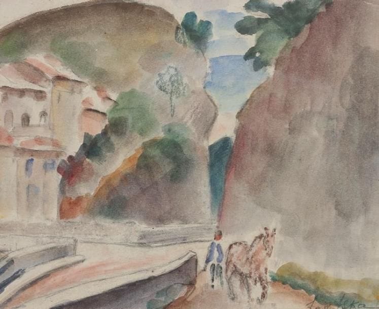 Sonia LEWITZKA (1874-1937)
Village de montagne Aquarelle sur traits de crayon. Signée en bas à droite. 22,5 x 25 cm.