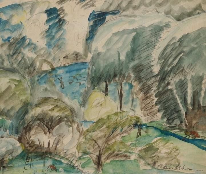 Sonia LEWITZKA (1874-1937)
La cueillette des fruits Aquarelle sur traits de crayon. Porte le timbre de la signature en bas à droite. 22 x 26,5 cm.