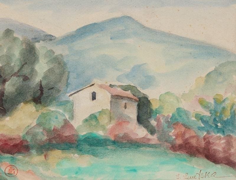Sonia LEWITZKA (1874-1937)
La montagne bleue Aquarelle. Signée en bas à droite et porte le timbre de l'atelier en bas à gauche. 20 x 26 cm.
