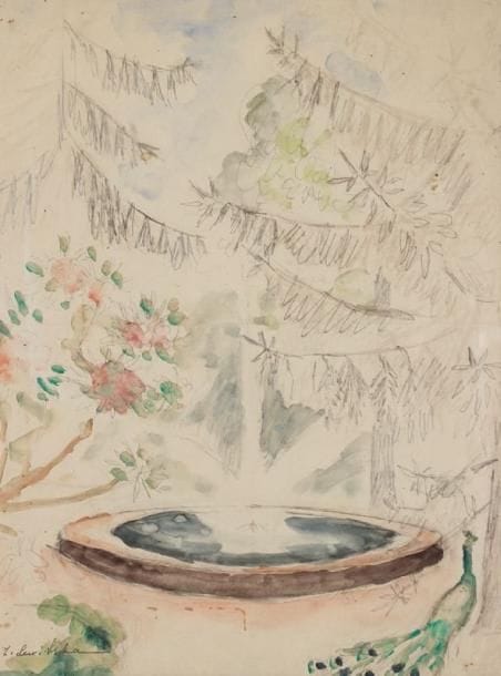 Sonia LEWITZKA (1874-1937)
La fontaine au paon Aquarelle sur traits de crayon. Porte le timbre de la signature en bas à gauche. 36,5 x 27,5 cm.