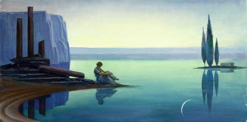 Paul MANTES (1920-2004)
Bord de lac aux ruines Huile sur toile. Non signé. 40 x 80 cm. Provenance: Vente de l'atelier de l'artiste.