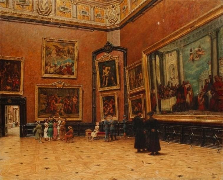 Louis BEROUD (1852-1930)
Visite au Louvre, 1928 Huile sur toile. Signée et datée en bas à droite. (accidents et restaurations). 80,5 x 100 cm.
