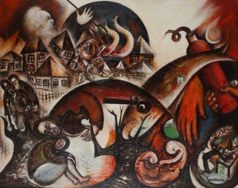 * Simcha NORNBERG (né en 1918)
L' Holocauste, 1972 Huile sur toile. Signée et datée en bas à droite. Signée, titrée et datée au dos. 81 x 100 cm.