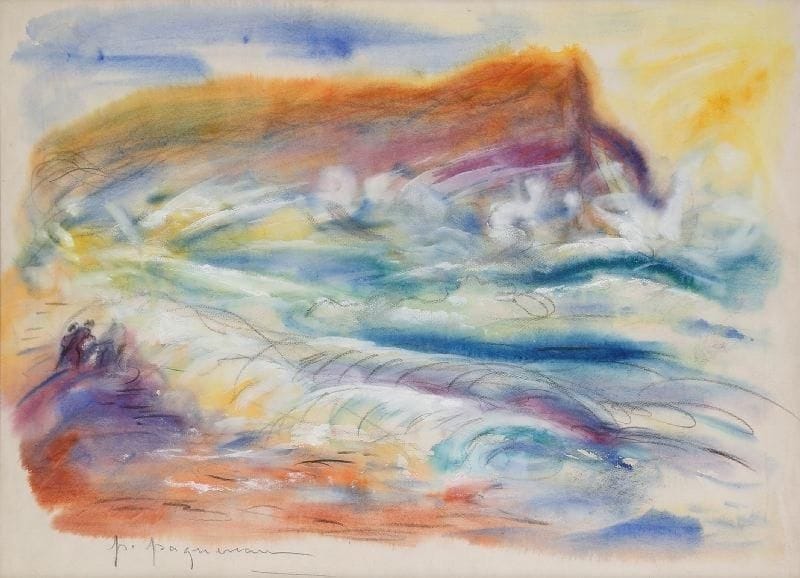 * Paul PAQUEREAU (1871-1950)
La vague Technique mixte sur papier. Signée en bas vers la gauche. 48,5 x 63 cm. Paul Paquereau peintre et décorateur de théâtre et ami de Friesz avec lequel il a exposé.
