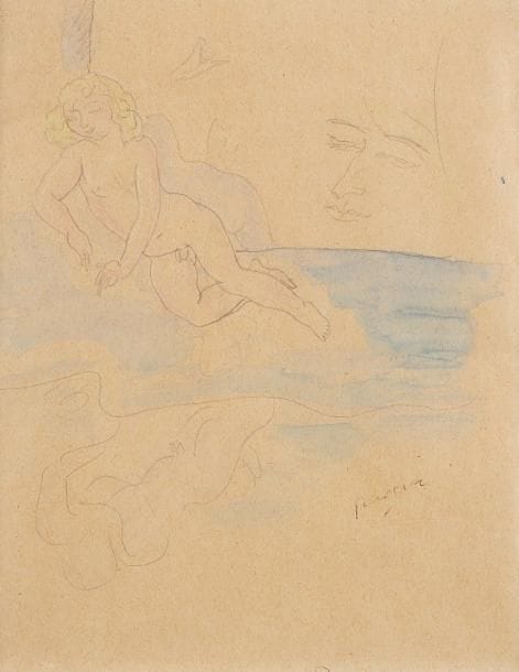 J. Pincas dit PASCIN (1885-1930)
Narcisse Dessin au crayon noir rehaussé d'aquarelle. Porte une signature vers le bas et vers la droite. 18,5 x 15 cm. Nous remercions Madame Rosemarie Napolitano qui a aimablement confirmé l'authenticité de cette oeuvre.