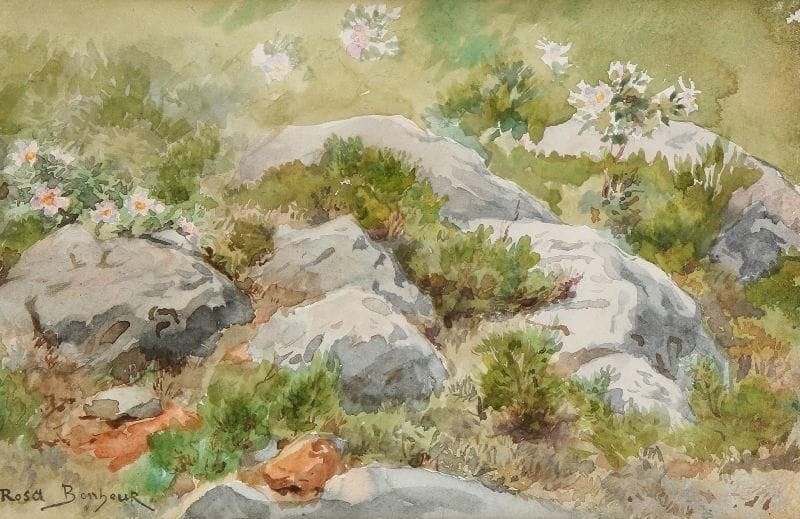 Rosa BONHEUR (1822-1899)
Rochers de Fontainebleau Aquarelle. Porte le timbre de la signature en bas à gauche et le cachet de cire de la vente au dos. 18 x 27 cm. Provenance: Vente Rosa Bonheur, 1900.