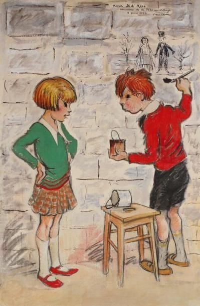 * Francisque POULBOT (1879-1946)
Les mariés, 1932 Huile sur toile. Signée et datée 9 juin 1932, dédicacée à "Didi Rips en souvenir de la Fête au Village", en haut vers la droite. 118 x 80 cm. Provenance: Bouquet, Saint-Ouen, acheté le 28 octobre 1955. Exposition: - Montmartre, les Ateliers du Génie, Salon des Indépendants, Grand Palais, Paris, 1983, page 38 du catalogue.