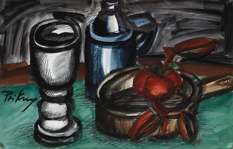 Franz PRIKING (1929-1979)
Nature morte à la tomate et au verre Technique mixte sur papier. Signée vers le bas à gauche. 31,5 x 48,5 cm.