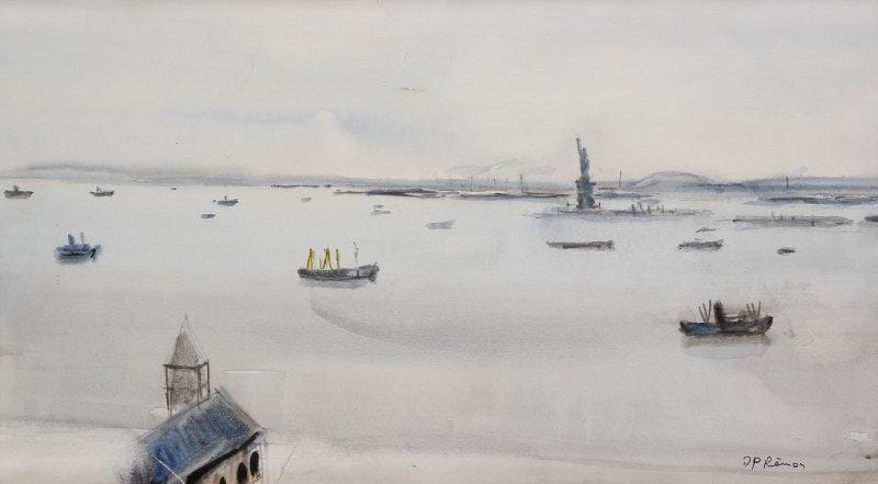 * Jean-Pierre REMON (né en 1928)
La baie de New-York Aquarelle. Signée en bas à droite. (griffures). 29 x 50 cm.
