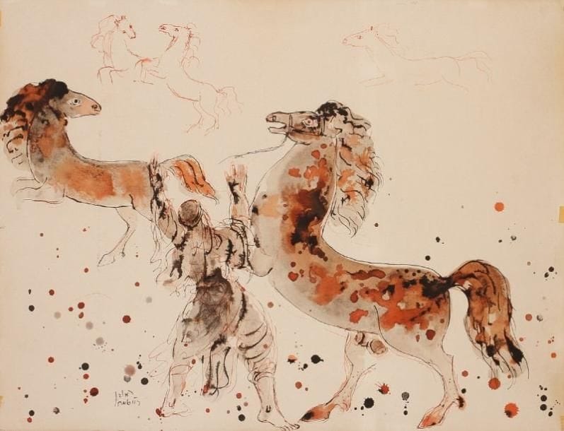 Reuven RUBIN (1893-1974)
Homme et deux chevaux Lithographie. Signée dans la planche. Non numérotée. (trace de scotch aux recto et verso). 50 x 65 cm.