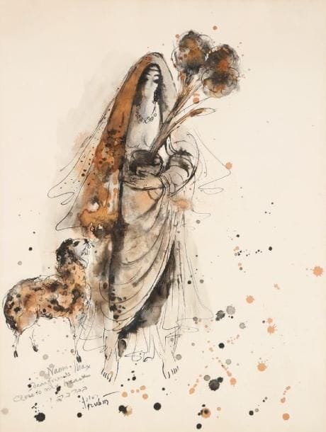 Reuven RUBIN (1893-1974)
Femme au mouton Dessin à l'encre et lavis d'encre. Signé et dédicacé en anglais et hébreu en bas à gauche. 65 x 48,5 cm.