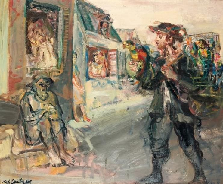 Walter SPITZER (né en 1927)
Le colporteur du Shtetl Huile sur toile. Signée en bas et à gauche. 54 x 65 cm.