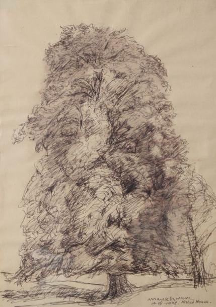 Marek SZWARC (1892-1958)
Arbre,1942 Encre et estompe. Signé en haut à droite, daté 6 juillet 1942 et situé à Nisbet house. 37 x 27 cm. Nisbet house était à Saint Andrews en Ecosse la caserne des soldats de l'armée polonaise en exil dont faisait partie Marek Szwarc. Ces dessins pourraient provenir d'un porte-folio acquis par la baronne Alix de Rothschild peu après la fin de la guerre (renseignements communiqués par la fille de l'artiste).