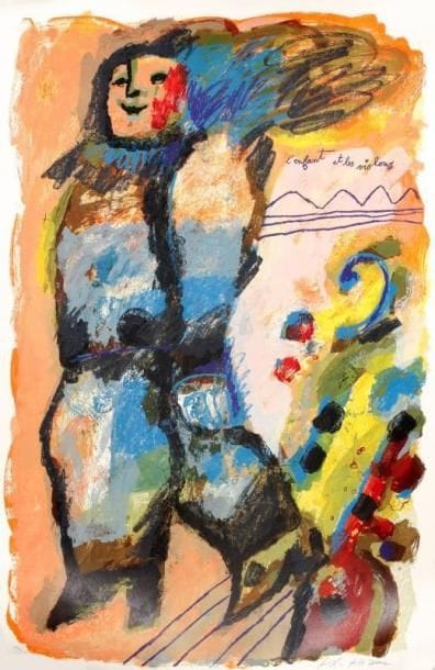 Théo TOBIASSE (né en 1927)
L'Enfant et les violons Lithographie. Numérotée et signée à la mine de plomb. Timbre japonais au verso. 90 x 60 cm.