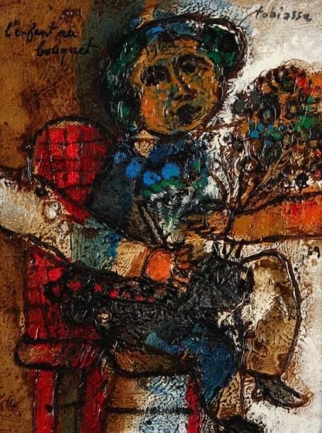 Théo TOBIASSE (né en 1927)
L'enfant au bouquet, 1969 Huile sur toile. Signée en haut à droite. Titrée en haut à gauche. Datée 69 à droite au centre. 24,5 x 19 cm.